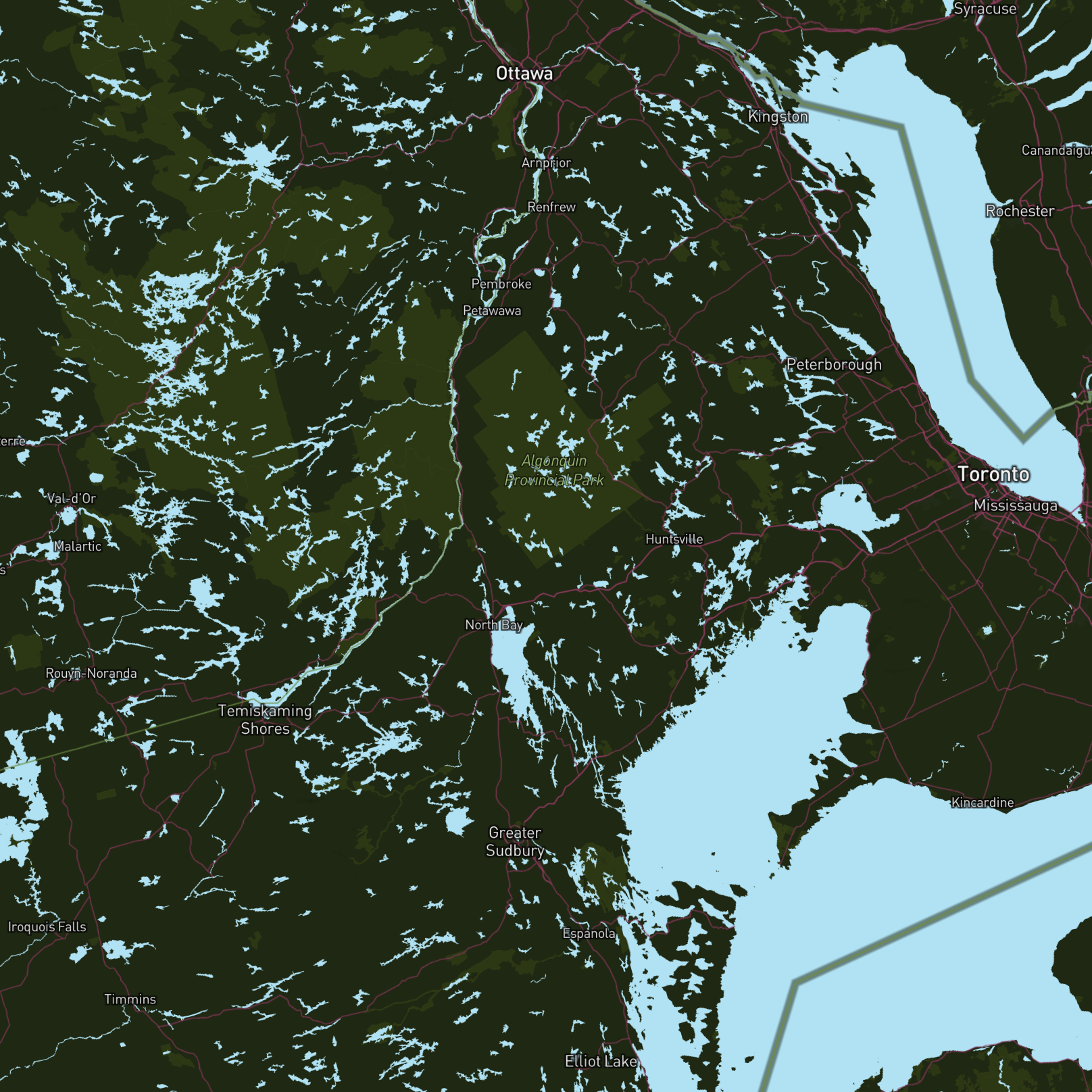 This is a birds-eye view of Toronto and Mississauga. I like how I can see al the major roads connecting each city to Toronto. The pink against the green look visually interesting.