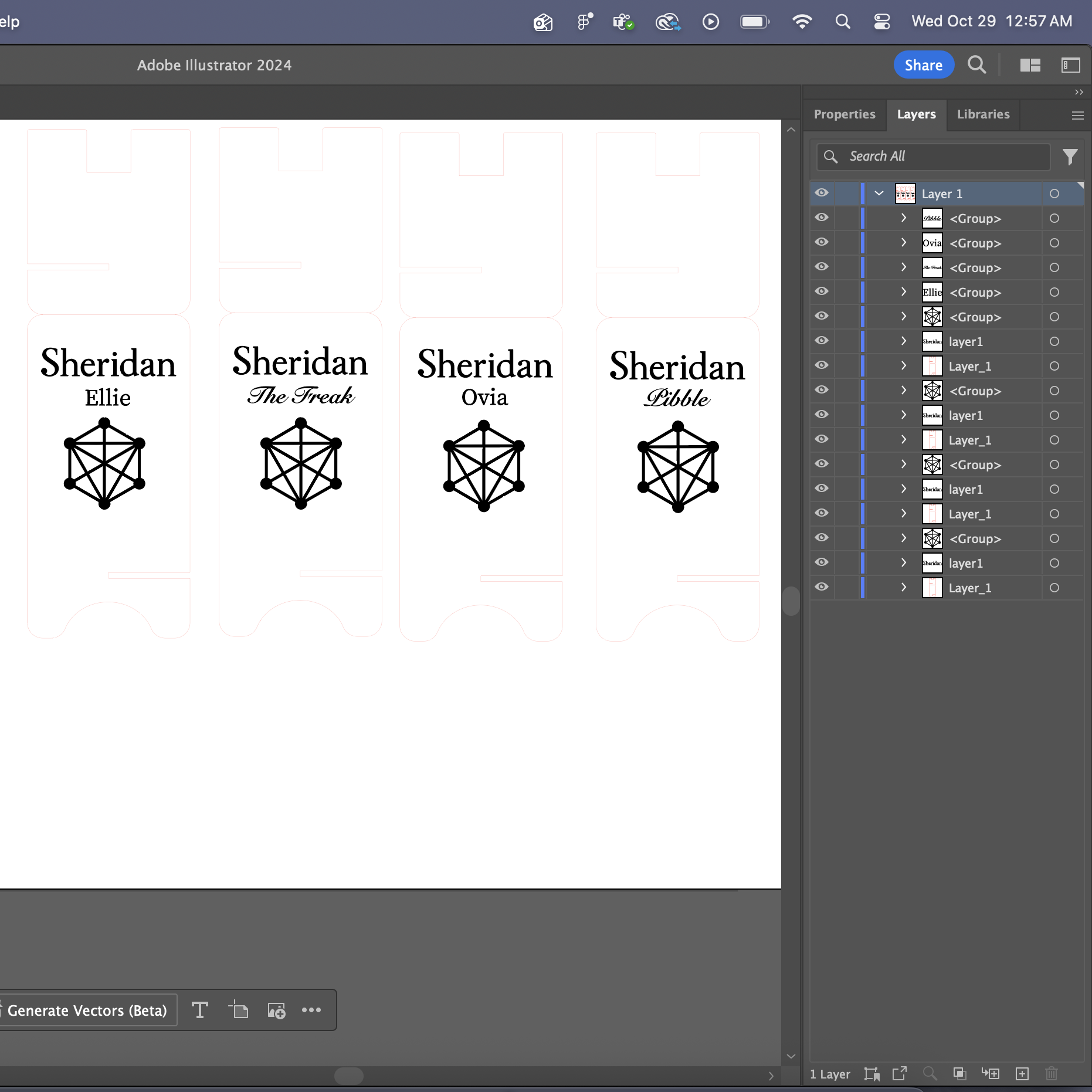 These are the layers for the designs in Adobe Illustrator before being sent off to be cut
