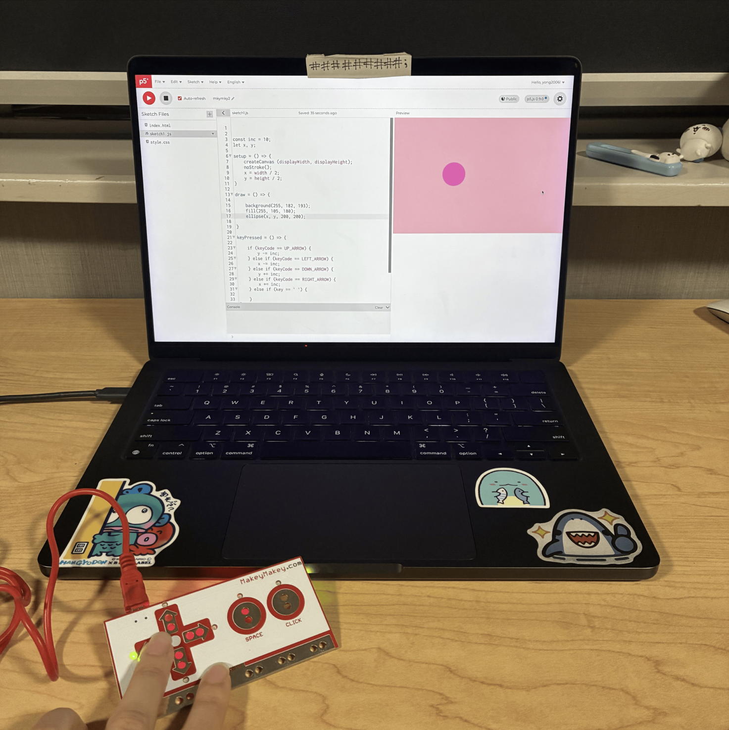 This was the second sketch where the user can move the circle around the canvas by clicking the arrow buttons on the Makey Makey. This was me clicking the left button on the Makey Makey to make the circle move left on the canvas.