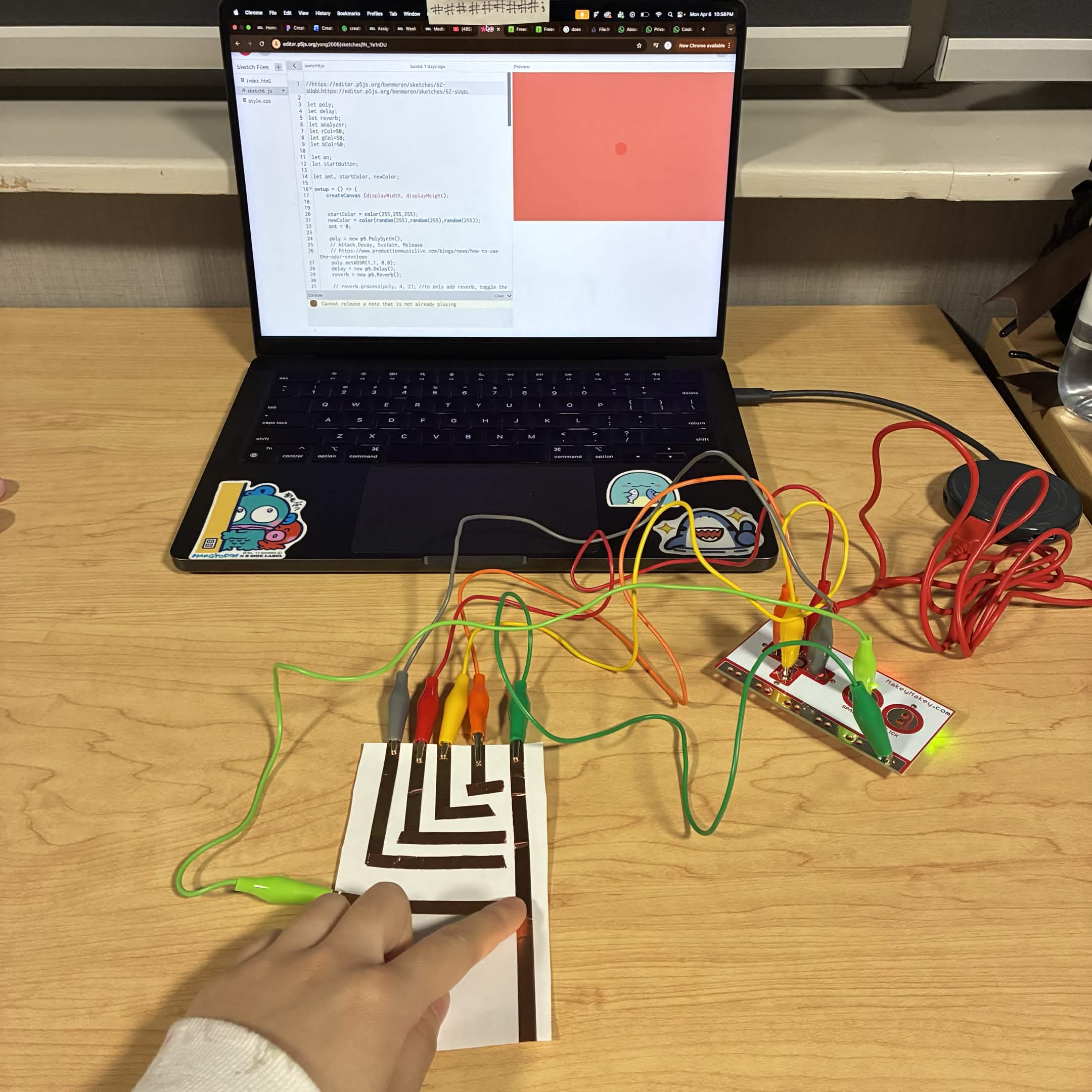 This is me connecting the circuit for the space button and seeing how the code reacts.