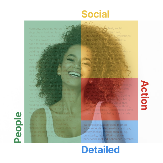 Each colour shows a different personality type and the words on each box describes the personality traits of each type.